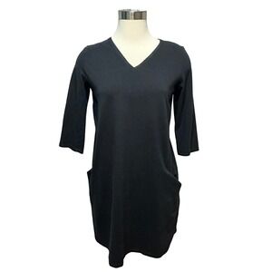 Eileen Fisher V-Neck Shift Dress Womens S 3/4 Sleeve Black Organic Cotton Travel